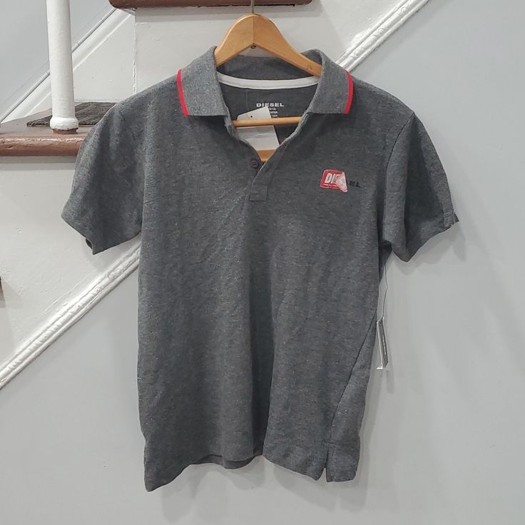 Brand New With Tags Grey Diesel Polo Shirt Collared Cotton Tops For School, Casual Collared Polo Shirt For School, Collared Cotton T-shirt For School, Casual Short Sleeve Polo Shirt For School, Casual Cotton Polo Shirt For School, Casual Cotton School Polo Shirt, Gray Cotton Tops For School, Sporty Cotton Polo Shirt For School, Casual Collared School Shirt