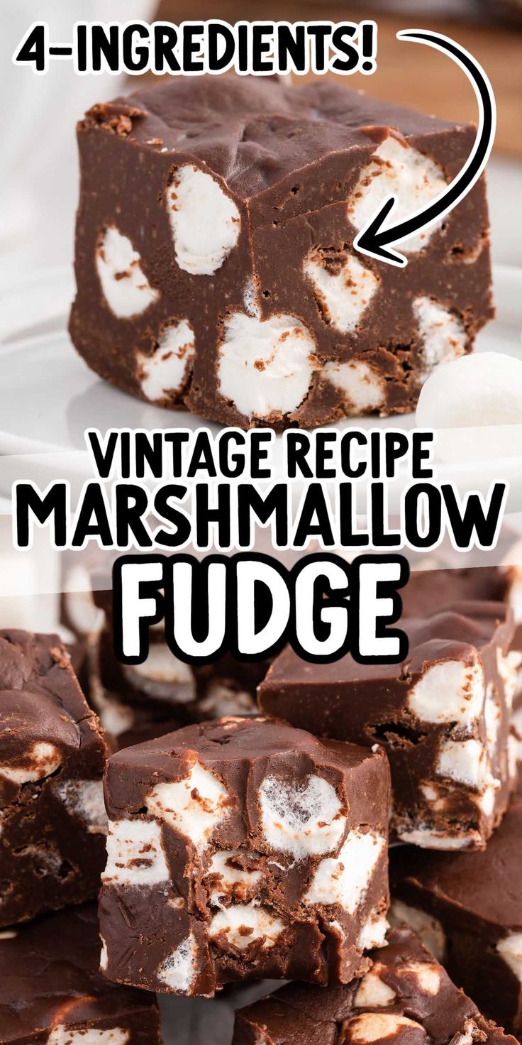 chocolate marshmallow fudge is stacked on top of each other with the words 4 ingredients