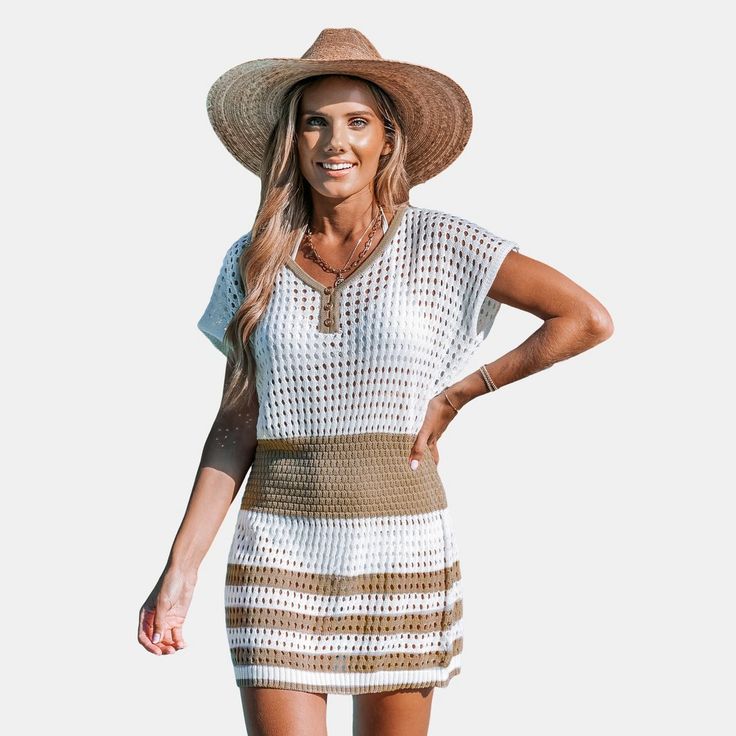 Elevate your beachside look with our Beige & Camel Cut-Out Mini Cover-Up! The chic cut-out design adds a touch of sophistication to the cover-up, creating a unique and stylish look. The beige and camel color combination adds a touch of earthy elegance, making it a versatile option that can be dressed up or down depending on the occasion. This mini cover-up is perfect for lounging by the pool or strolling along the shore, keeping you comfortable and fashionable during your seaside adventures. Whe Casual Brown Beach Cover-up, Beige V-neck Beach Dress Cover-up, Beige V-neck Beach Dress For Vacation, Sand Color Poolside Cover-up For Beach Season, Beige V-neck Cover-up For Vacation, Brown V-neck Swimwear For The Beach, Beige Swimwear As Beach Cover-up For Beach Season, Beige Swimwear For Beach Season Cover-up, Beige Summer Swimwear For Vacation