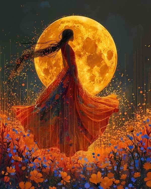 a painting of a woman standing in front of a full moon