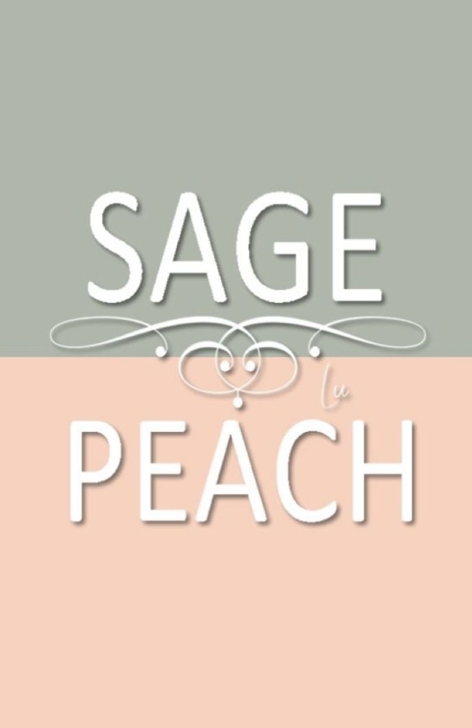 the words sage and peach are in white letters on a pink, gray and green background