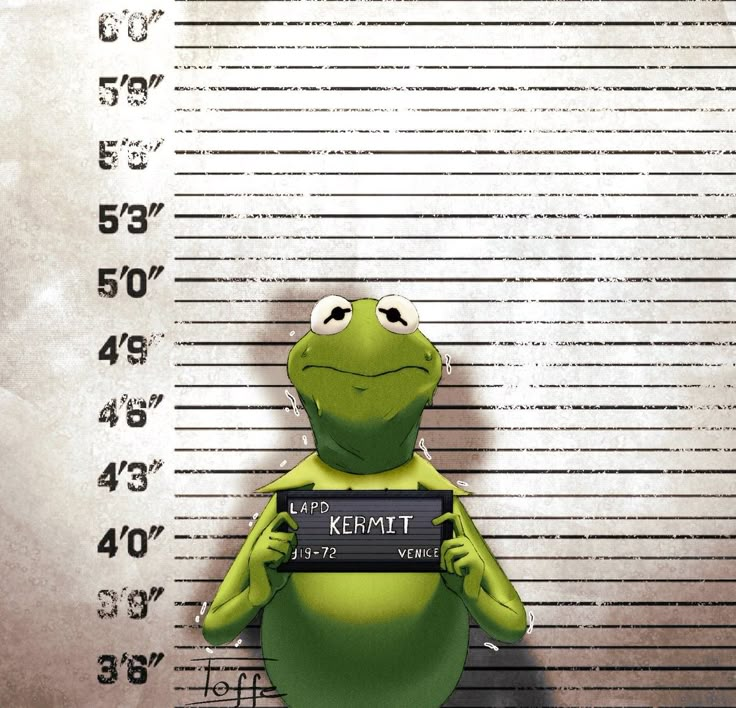 the frog is holding a muggy mug in front of a jail cell with his hands behind him