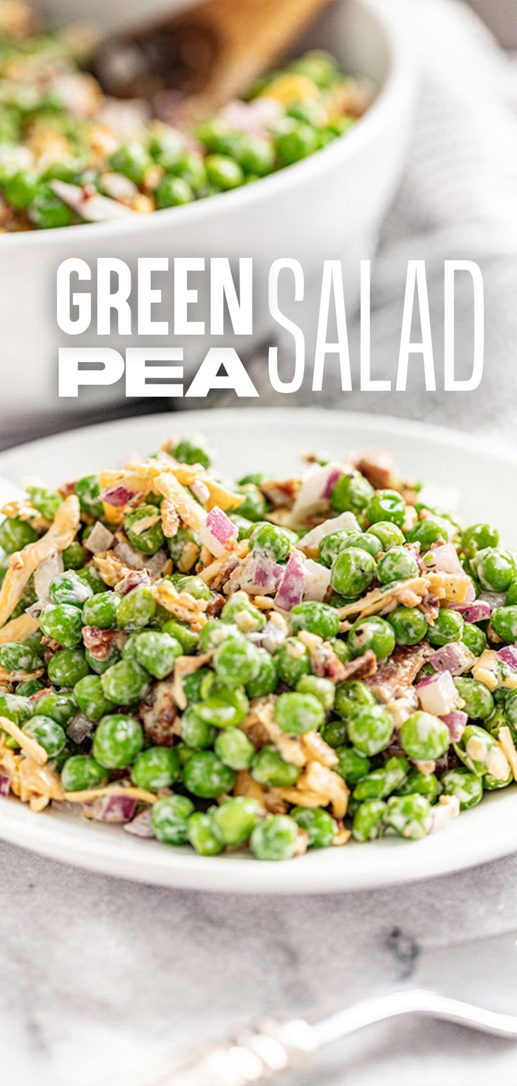 A plate of green pea salad with the bowl in the background. Peasalad Salad, Bacon Pea Salad, Pea Salad With Bacon, Green Pea Salad, Perfect Salad Recipe, Recipe With Bacon, Easy Macaroni Salad, Pea Salad Recipes, Creamy Peas