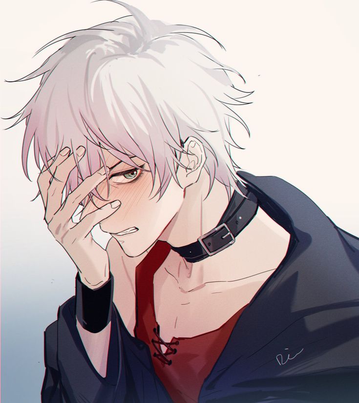 an anime character with white hair holding his hand to his face