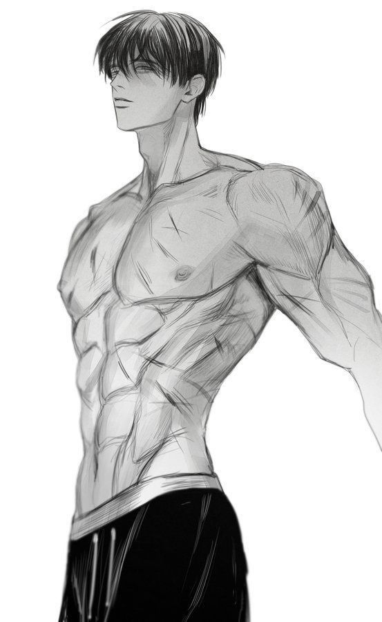 a black and white drawing of a shirtless man