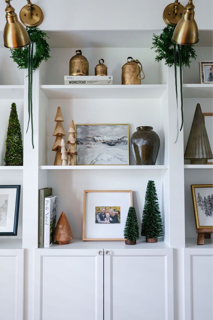 the shelves have christmas decorations on them