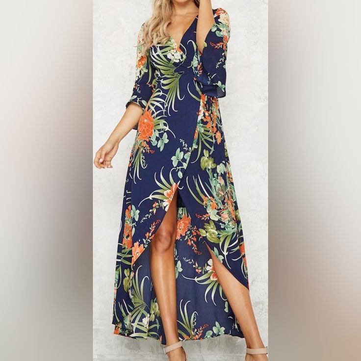 Selfie Leslie Dress Wrapped Dress | Floral With 3/4 Sleeves | Navy Floral Dress Perfect For Summer. Nwot Blue Fitted Half Sleeve Maxi Dress, Blue Fitted Maxi Dress With Half Sleeves, Fitted Half Sleeve Blue Maxi Dress, Summer Half Sleeve Maxi Dress For Brunch, Printed Half Sleeve Vacation Dresses, Blue Half-sleeve Midi Dress For Summer, Printed Half Sleeve Dresses For Vacation, Blue Half Sleeve Midi Dress For Summer, Floral Print Half Sleeve Maxi Dress For Vacation