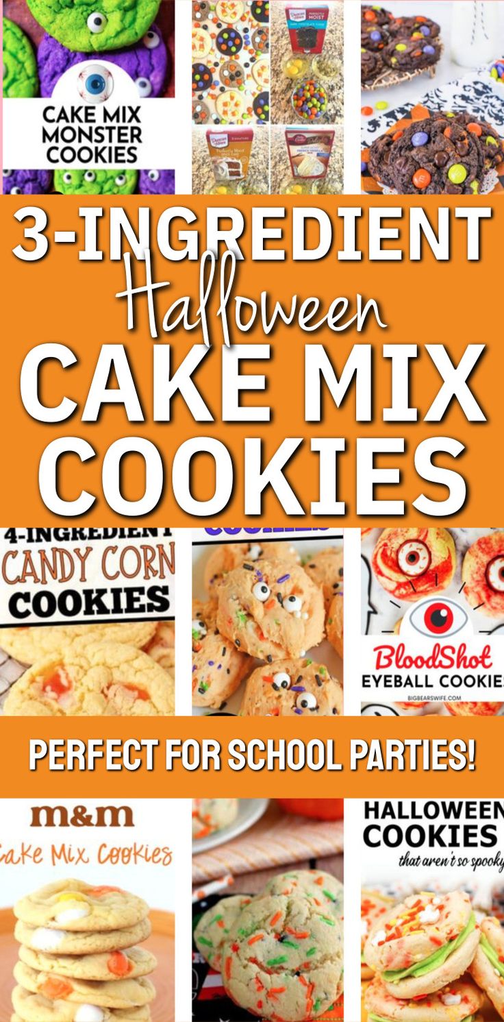 3-Ingredient Halloween Cake Mix Cookies and Treats Halloween Cake Cookies, Cake Mix Cookies 3 Ingredient, Cake Batter Cookies Recipe, Yellow Cake Mix Cookies, Chocolate Fudge Cookies, Candy Corn Cookies, Chocolate Cake Mix Cookies, Cake Batter Cookies, Easy Halloween Snacks