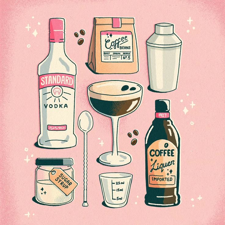 an illustration of coffee and liquors on a pink background