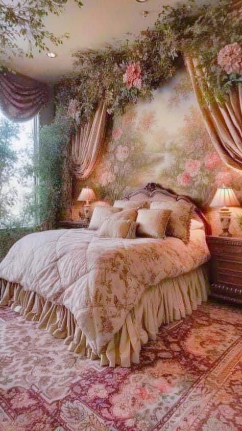 a large bed sitting in a bedroom next to a window covered in curtains and flowers