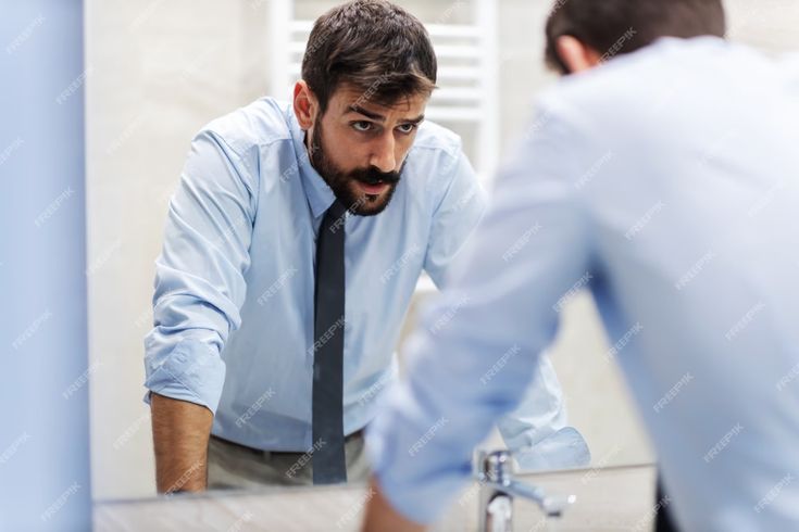 a man looking at his reflection in the mirror while he is brushing his teeth and wearing a tie