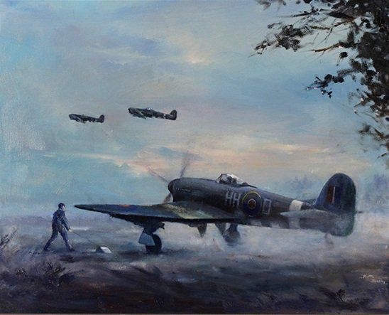 an oil painting of two planes in the sky with one man walking towards it and another plane flying overhead