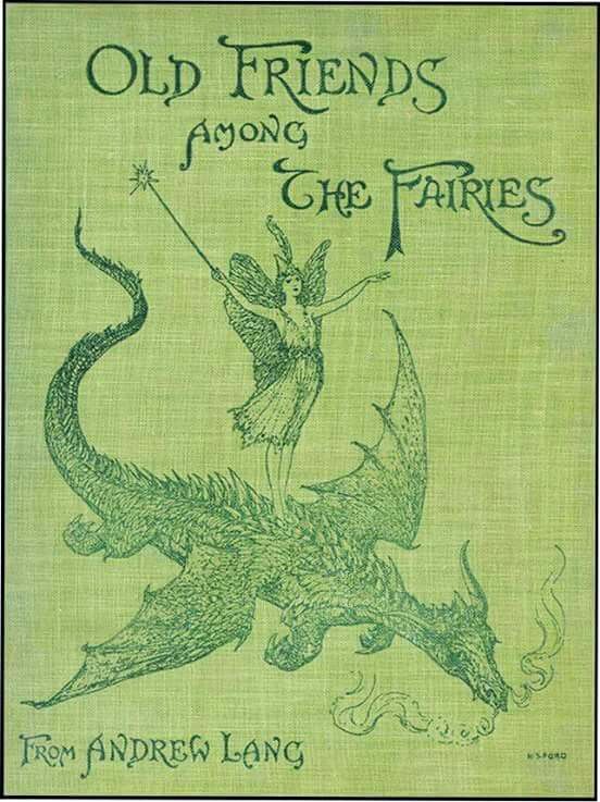 an old book cover with a drawing of a fairy on top of a green dragon