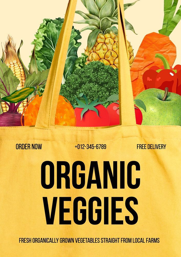 an organic grocery bag full of fruits and vegetables with the words organic veggies written on it