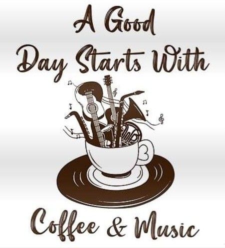 a coffee cup with musical instruments in it that says, a good day starts with coffee and music