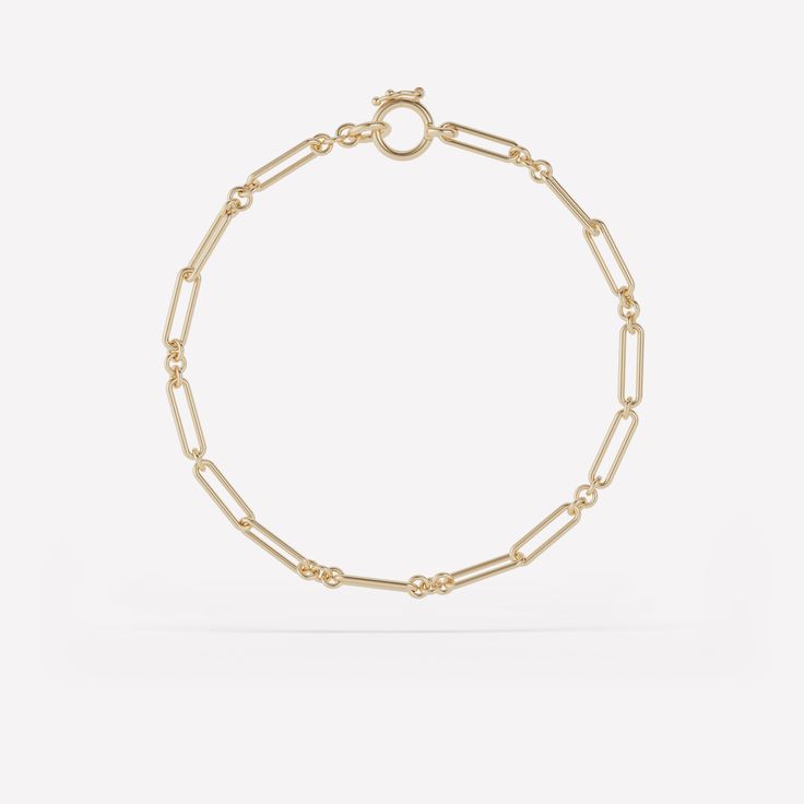 The Meda Chain Bracelet is the consummate modern chain. Crisp and energetic, its luminous, pure 18k gold construction enhances the versatility of this streamlined style. Featuring an alternating structure of double and single elongated links, interspersed with our classic circular hand-rolled links, the Meda Chain Bracelet is fresh, energetic and instantly classic. Individually handmade in Los Angeles. Material: 18k yellow gold Seamless circular clasp with safety closure Created in 2020 All comp Modern Adjustable Chain Link Bracelet, Timeless Link Chain Bracelet With Box Chain, Classic Link Chain Bracelet With Cable Chain, Modern Oval Link Chain Bracelets, Classic Link Cable Chain Bracelet, Modern Gold-tone Chain Bracelets, Modern Chain Link Gold Bracelet, Classic Cable Link Chain Bracelet, Timeless Oval Link Chain Bracelet With Box Chain