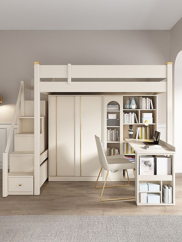 a white loft bed sitting under a staircase next to a desk and bookshelf