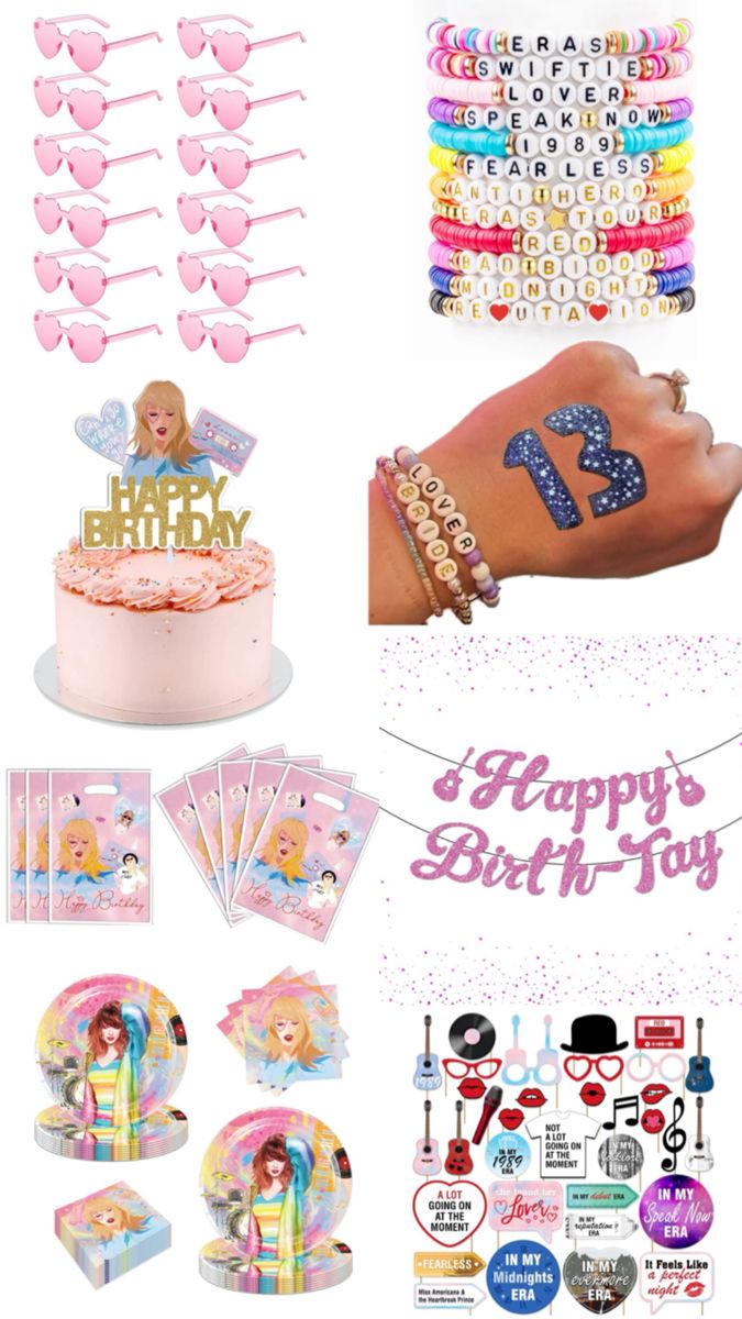 barbie birthday party supplies including cake, cupcakes and bracelets with the number one on it