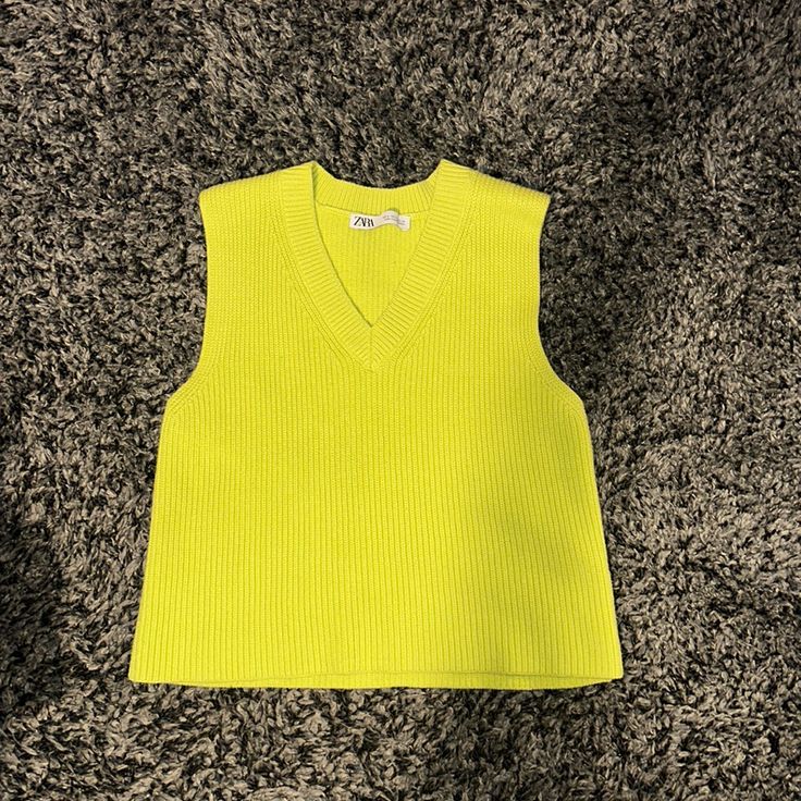 Zara Lime Green Cable Knit Sweater Size Small But Can Fit Medium Never Worn Excellent Condition Casual Yellow Knit Sweater Vest, Casual Yellow Sweater Vest For Winter, Casual Yellow Sweater Vest For Fall, Knitted Solid Color Sweater Vest For Spring, Spring Knitted Sweater Vest, Casual Yellow V-neck Sweater, Trendy Yellow Knit Top, Yellow Knitted V-neck Top, Yellow Sleeveless Top For Fall