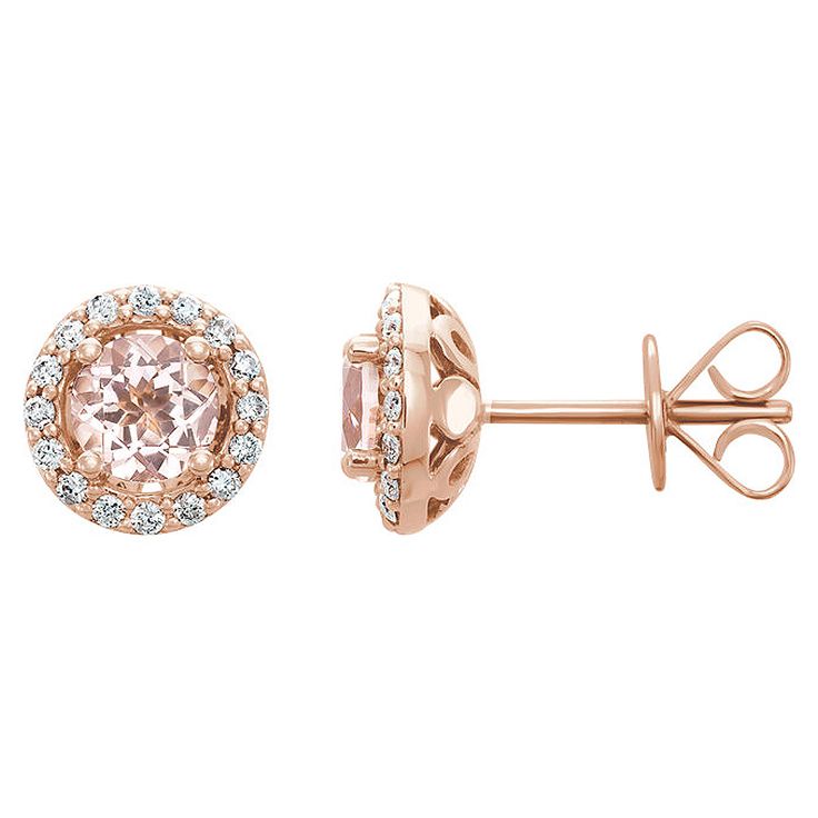 A halo of twinkling diamonds surrounds a faceted morganite in this enchanting pair of 14k rose gold earrings. They are finished with a friction-back post and measure approximately 8.75mm (3/8 inch) in diameter. The 5mm genuine morganite stones have a combined weight of 0.86 carats. The thirty-two round diamonds are 1.15mm in size, I1 in clarity and G-I in color with a total weight of 1/5 carat. The color range varies on all natural stones so please allow for slight variations in shades. Gemstone Diamond Halo Earrings, Morganite Jewelry, Morganite Earrings, Halo Diamond Earrings, Black Gold Jewelry, Sapphire Earrings Studs, Rose Gold Morganite, Morganite Diamond, Halo Earrings