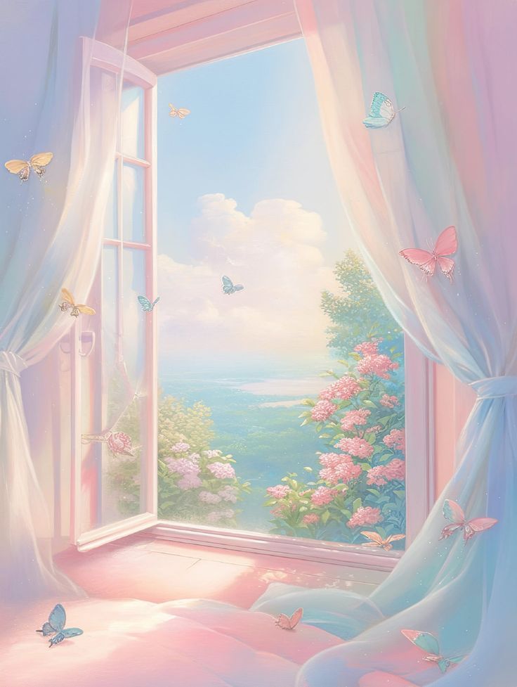 an open window with curtains and pink flowers on the windowsill, looking out onto a beautiful landscape