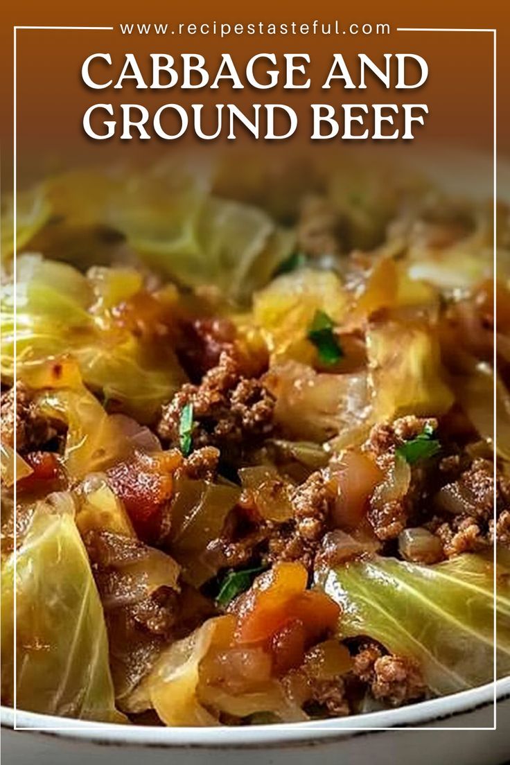 cabbage and ground beef in a white bowl with text overlay that reads cabbage and ground beef