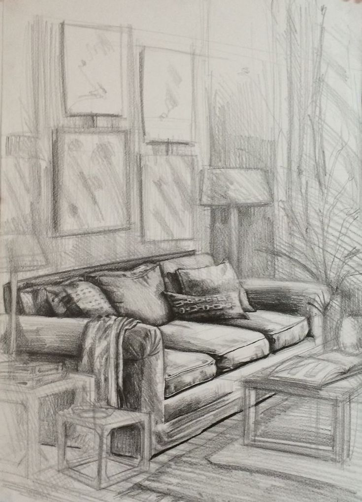 a drawing of a couch in a living room