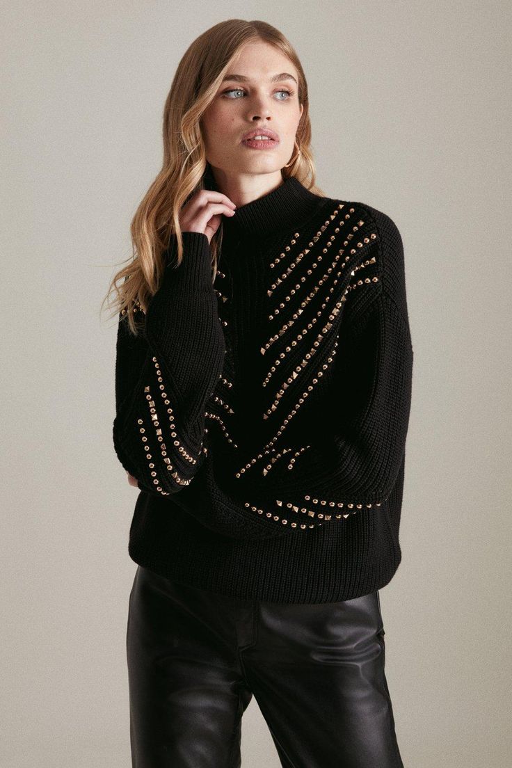 Studded Knit Jumper Studded Sweater, Winter 23, Embellished Sweaters, Black Jumper, Winter 2022, Karen Millen, Knitted Jumper, Fashion Wear, Knit Jumper