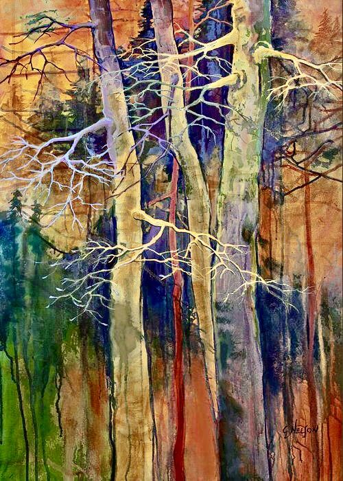 watercolor painting of trees in the woods