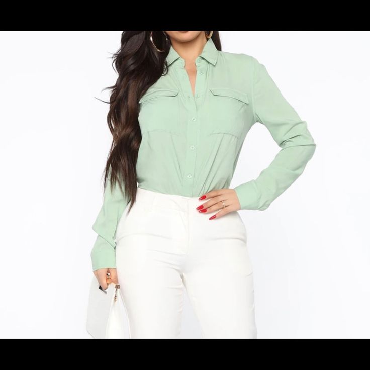 Shirt Color: Sage Double Pockets Button Down Pit To Pit: 19-1/2 Length: 25” Sleeve Length: 25” Shoulder: 14” 100% Rayon Trendy Blouse For Business Casual, Trendy Button-up Workwear Tops, Trendy Button-up Blouse For Office, Trendy Office Wear Shirt With Button Closure, Trendy Button-up Workwear Shirt, Spring Business Casual Blouse With Pockets, Trendy Button-up Shirt For Office, Trendy Workwear Shirt With Pockets, Trendy Spring Shirt For Workwear