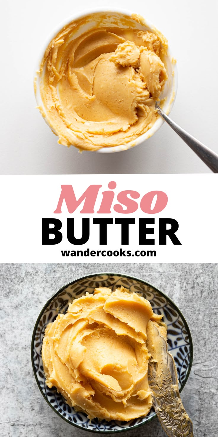 a bowl filled with peanut butter next to another bowl full of peanut butter and the words misso butter