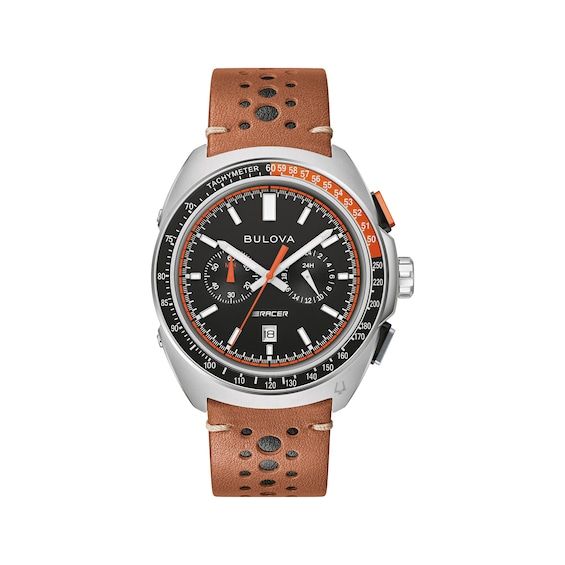 Built on Bulova’s vibrant history in motorsport, the Racer men's chronograph watch is fine-tuned and designed for performance. 42mm sporty curved stainless steel case with two-tone orange and black tachymeter aluminum bezel Textured black dial, luminous silver-tone hands and markers, orange accents, two chrono sub-dials, date display and anti-reflective sapphire crystal Quartz chronograph movement Perforated brown leather racing-style strap; buckle clasp Water-resistant to 100 meters Luxury Sports Chronograph Watch With Subdials, Functional Round Dial Watch With Tachymeter, Functional Watch With Tachymeter And Round Dial, Automatic Chronograph Sports Watch With Round Dial, Sports Chronograph Watch With Tachymeter, Modern Chronograph Watch With Tachymeter For Sports, Modern Chronograph Watch With Subdials For Sports, Modern Sports Chronograph Watch With Tachymeter, Modern Chronograph Watch For Sports