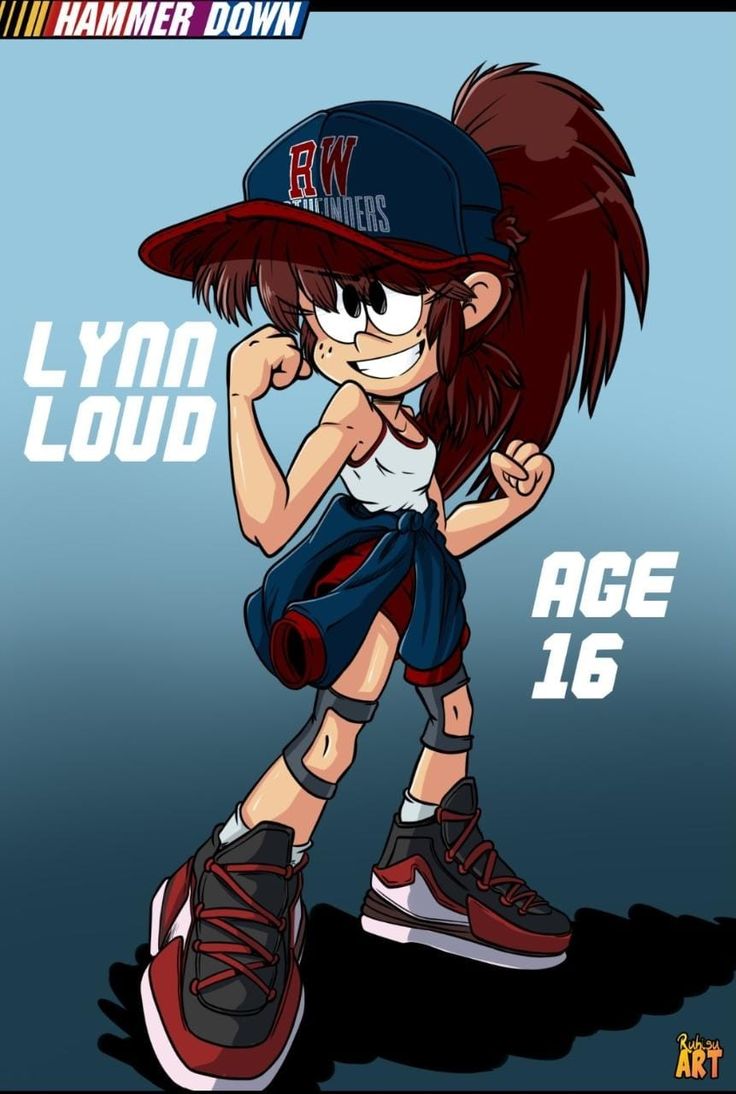 an image of a cartoon character wearing a baseball cap and shorts with the words l'yn loud on it