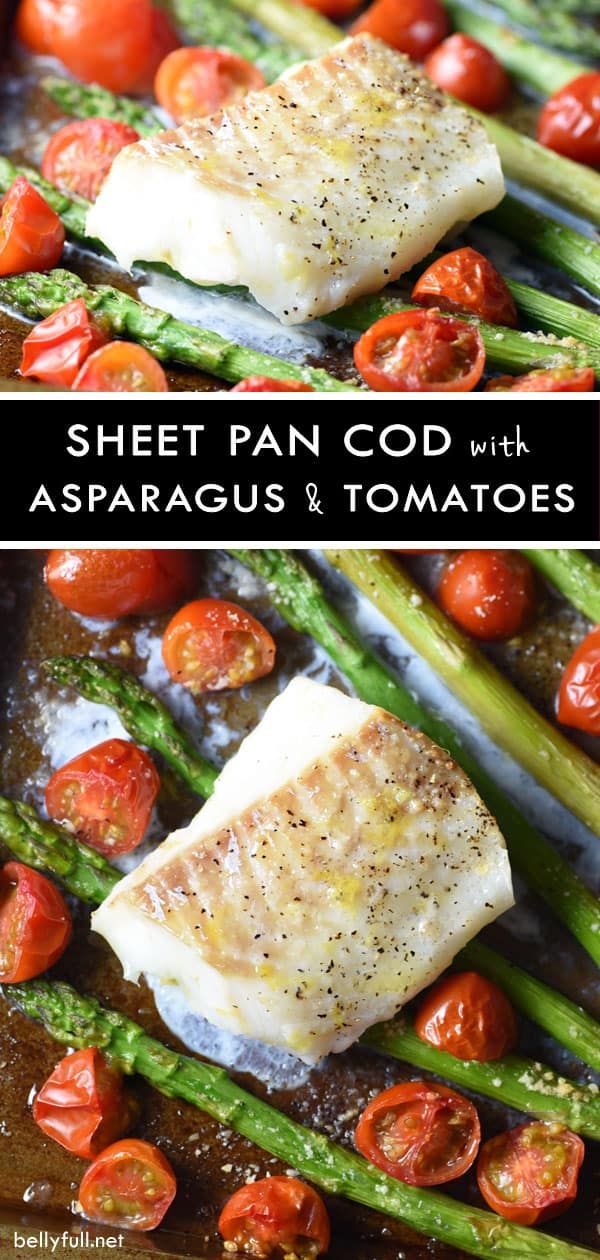 sheet pan with fish, asparagus and tomatoes on it in a skillet