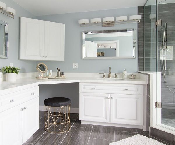 a bathroom with white cabinets and gray flooring