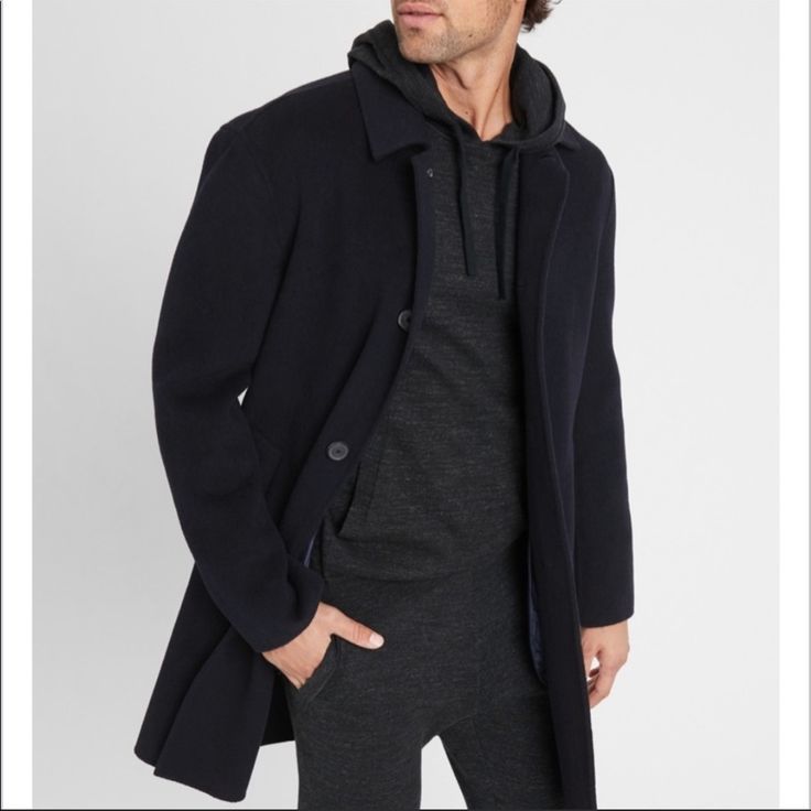 Splittable Wool Coat New With Tags Navy Tailored Long Sleeve Outerwear, Navy Casual Outerwear With Notch Lapel, Navy Long Sleeve Outerwear For Layering, Tailored Navy Peacoat With Long Sleeves, Tailored Outerwear For Winter Layering, Navy Business Outerwear For Spring, Casual Blue Peacoat For Business, Navy Long Sleeve Peacoat For Business Casual, Navy Fitted Outerwear For Layering