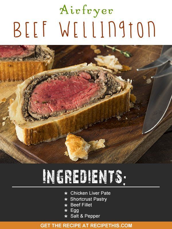 an advertisement for beef wellington on a cutting board