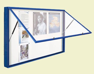 a blue and white wall mounted display with pictures on it's sides, hanging from the ceiling