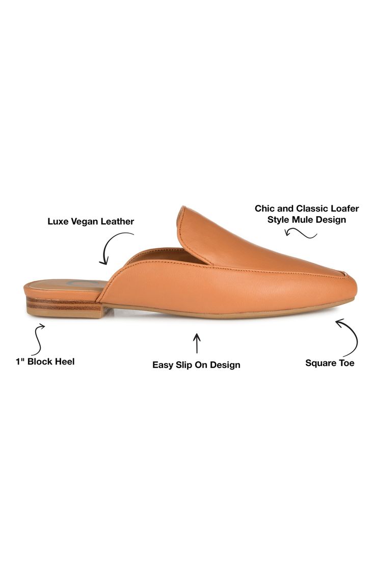 Slip on the Akza to give any outfit retro vibes. A backless version of a classic loafer, this easy-wear mule features a notched topline, stitched piping, and tiny stacked heel for sophisticated style with everyday comfort. Sizing: M=standard width 1" heel Square apron toe Slip-on style Open counter Padded footbed Low block heel Manmade upper/sole Imported Brown Slip-on Mules With Flat Heel, Natural Color Leather Slip-on Mules, Sleek Mules With 4-inch Block Heel, Leather Mules With 4-inch Heel And Ankle Strap, Brown Summer Mules With 4-inch Heel, Square Apron, Outfit Retro, Flat Mules, Low Block Heels