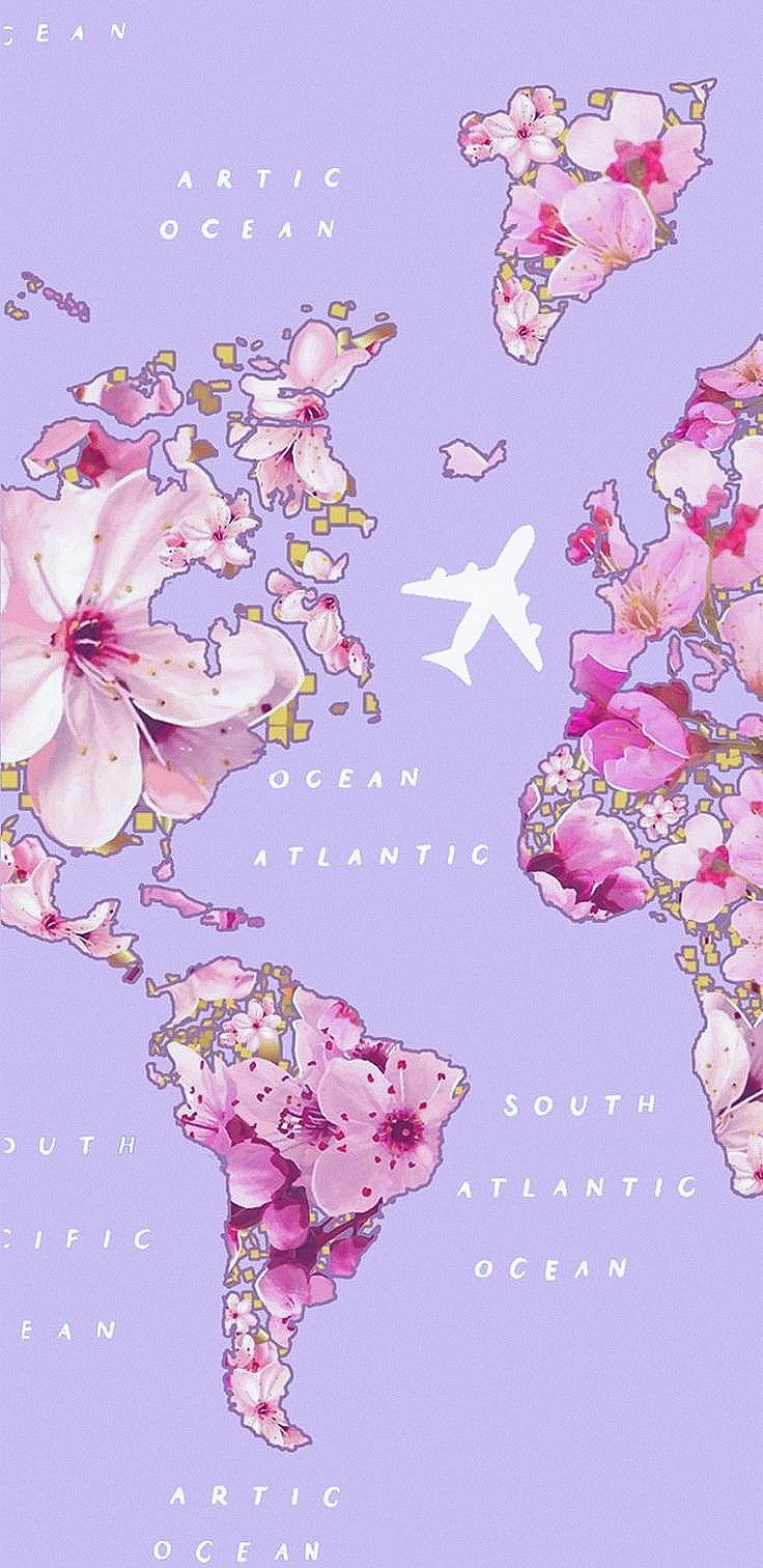 an airplane is flying over the map of the world with pink flowers on purple background