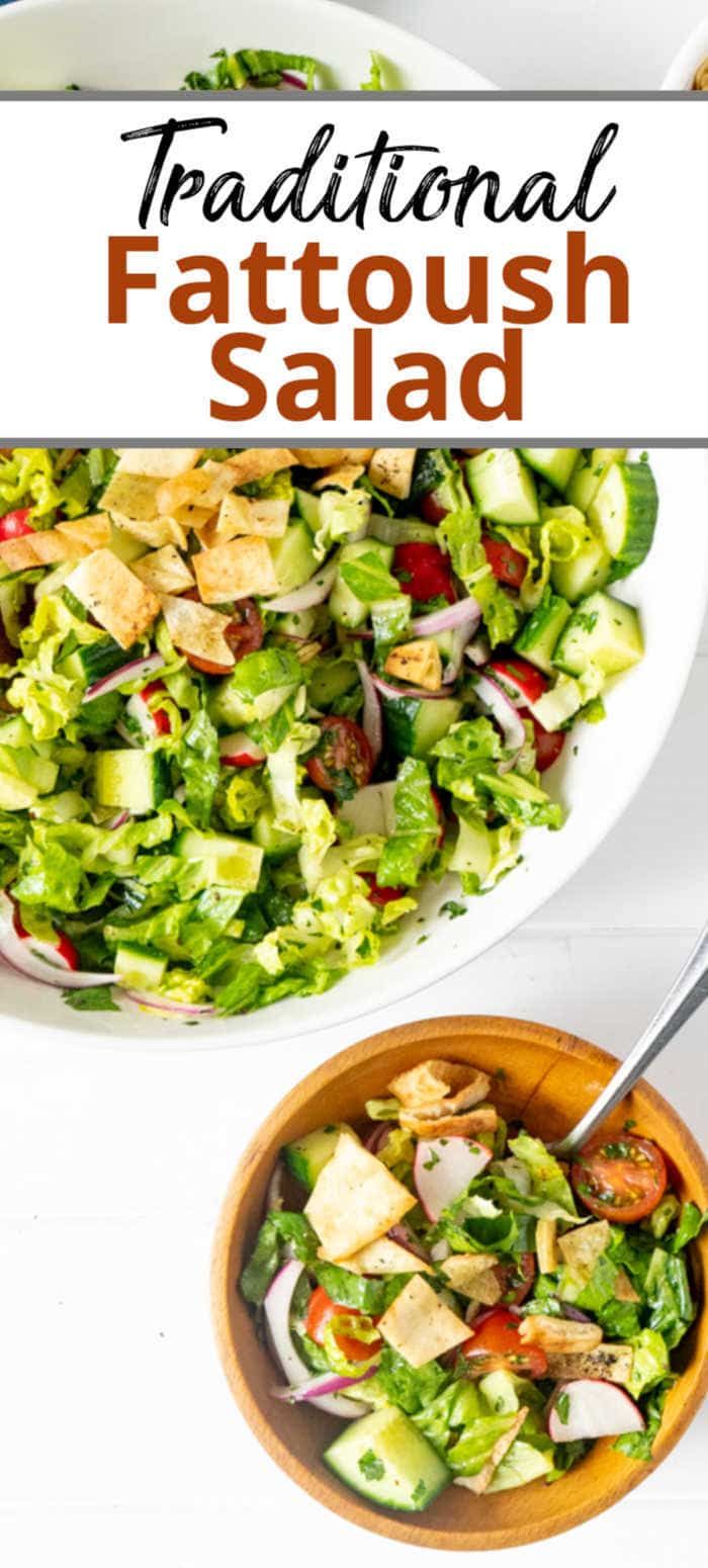 a bowl filled with salad next to another bowl full of salad and the title reads traditional fattoush salad