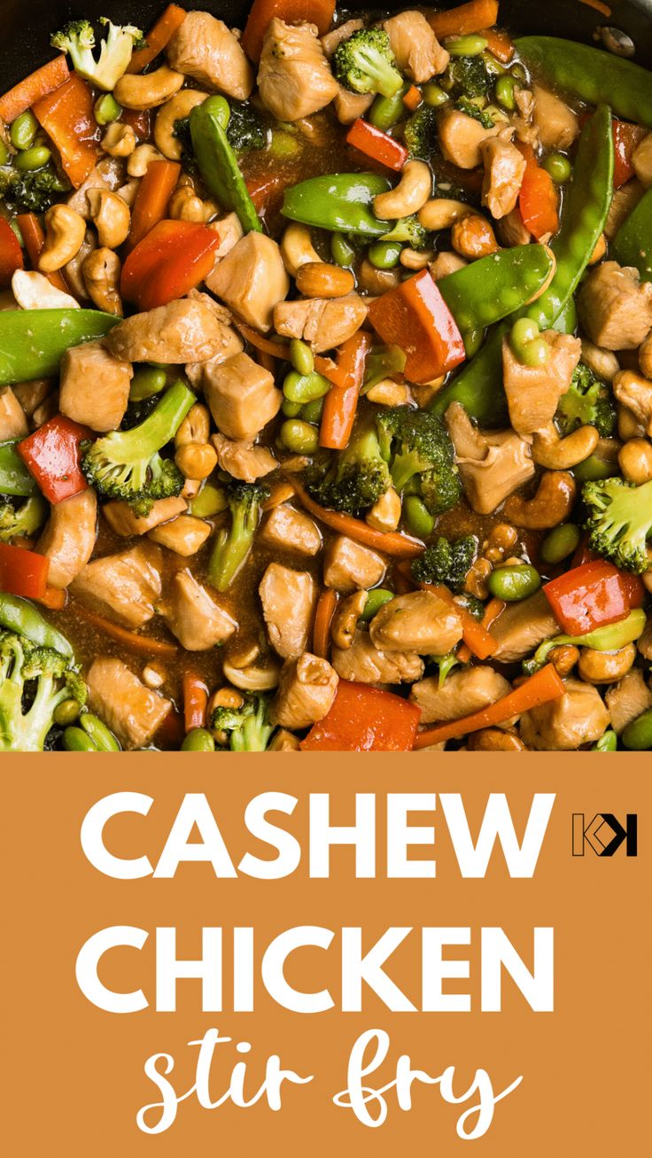 cashew chicken stir fry in a skillet with broccoli, peppers and carrots