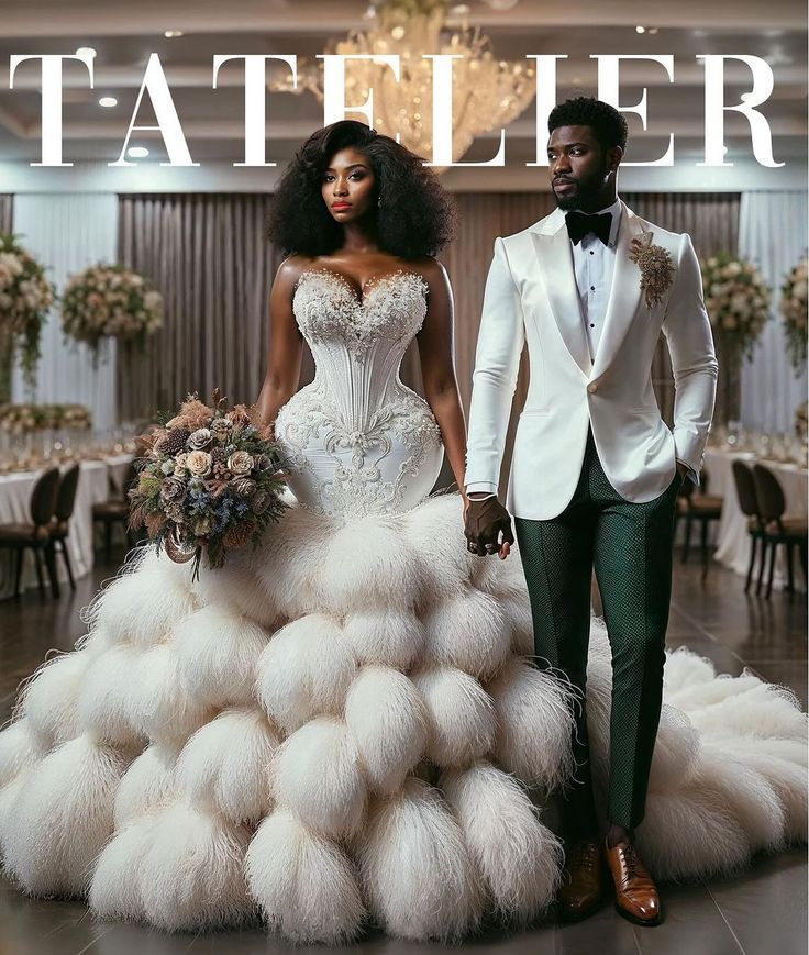 a man and woman in formal wear standing next to each other on a magazine cover