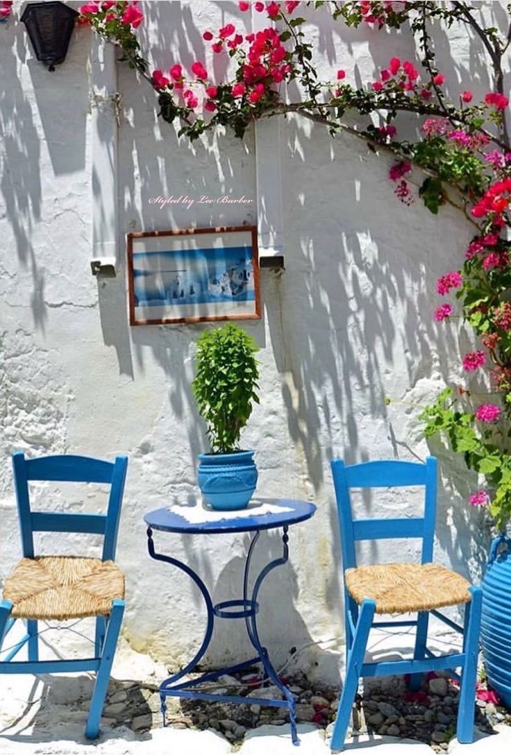 two blue chairs sitting next to a table with flowers growing on the side of it