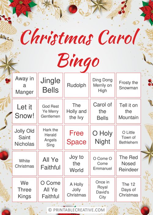 the christmas carol bingo game is shown in red and gold