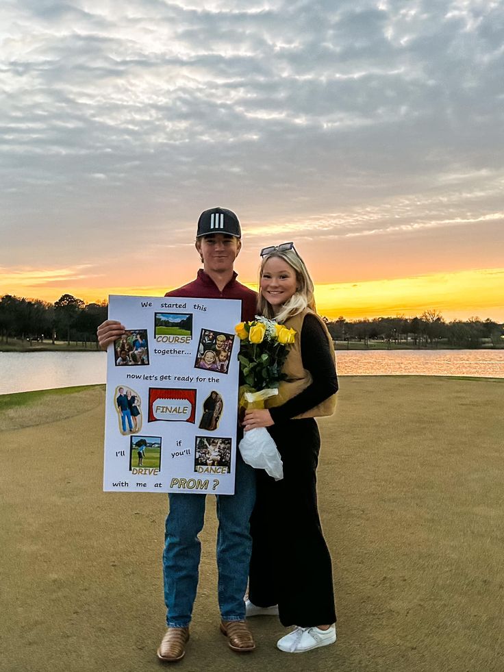 a man and woman standing next to each other holding a sign with pictures on it