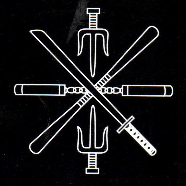 a black and white photo with four crossed swords in front of the symbol for knives