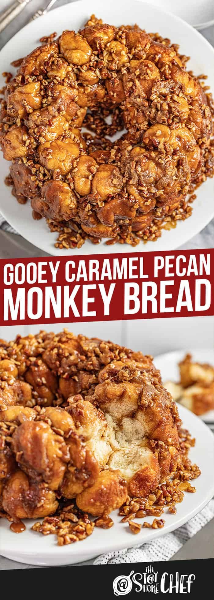 gooey caramel pecan monkey bread on a white plate with the words gooey caramel pecan monkey bread