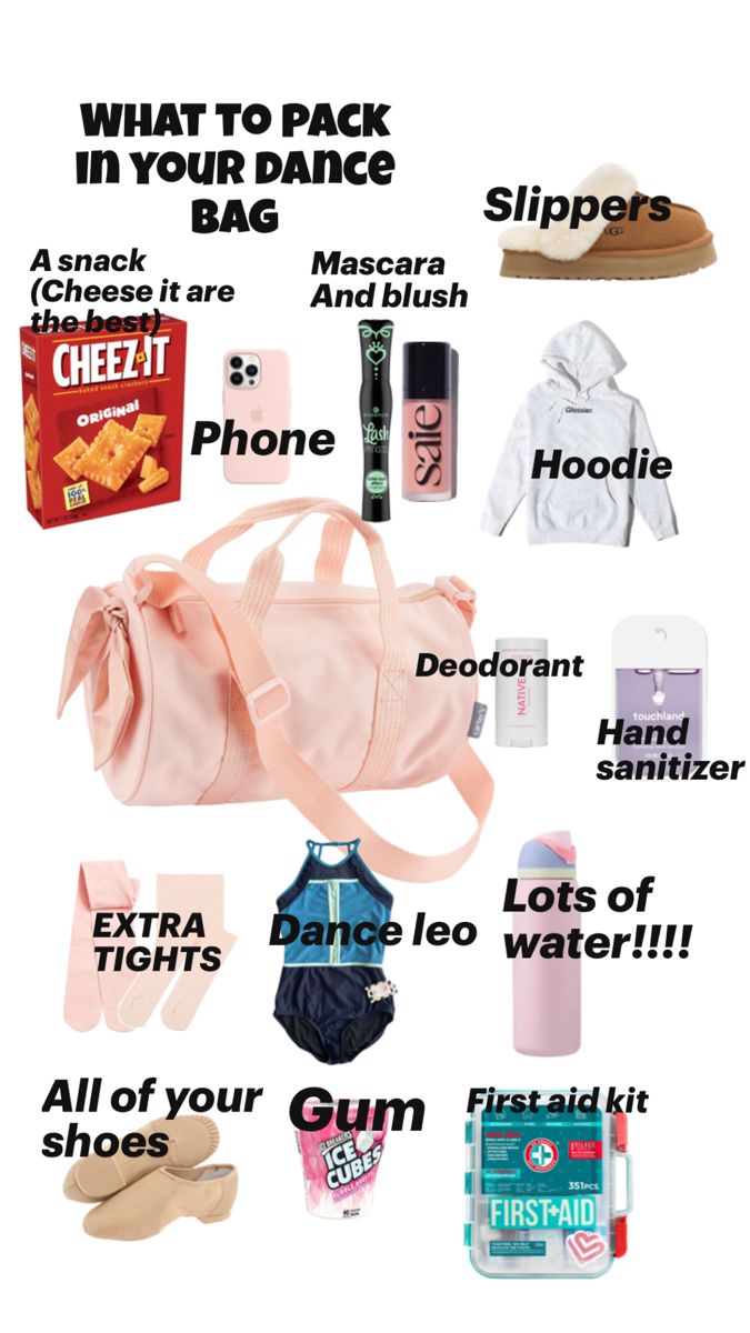 the contents of a pink duffel bag with instructions on how to pack in it