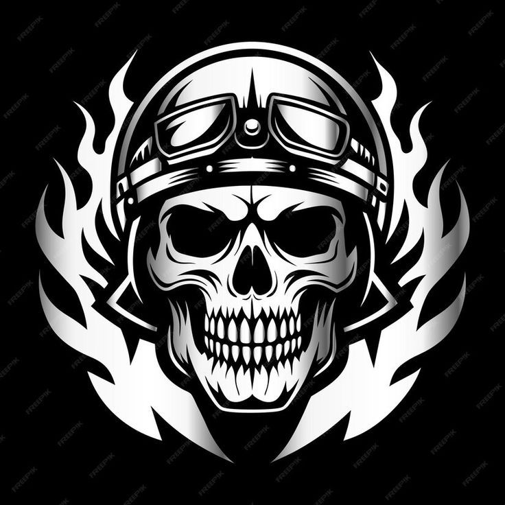 a skull wearing a helmet with flames around it